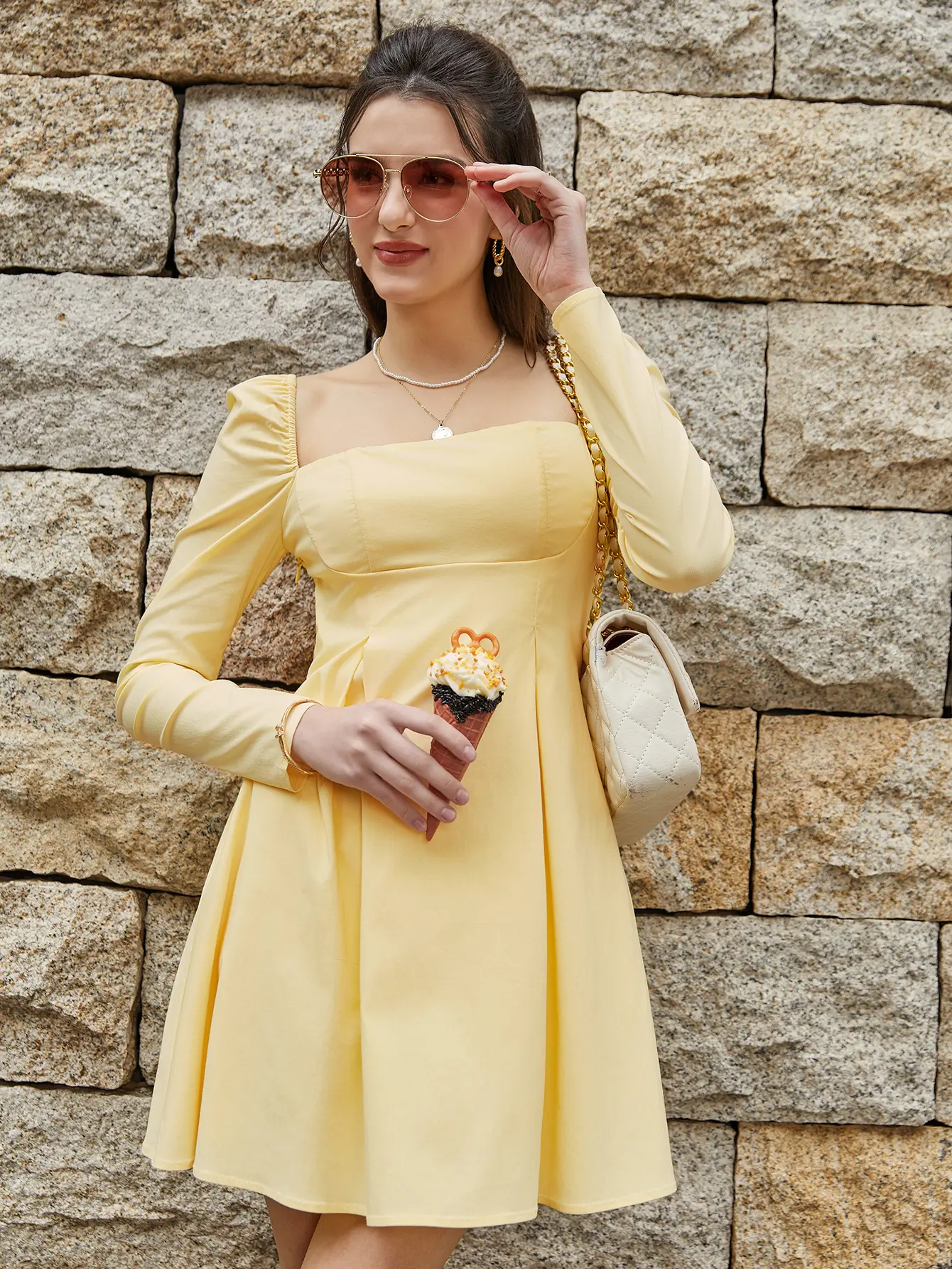 Bow Square Neck Backless Cut Out Long Sleeve A-Line Dress Elegant Fresh and Fashionable Daily Date Party Dress