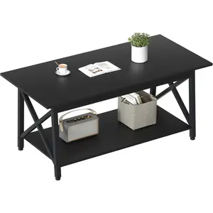 Black Coffee Table with Storage Shelf 39 inch, 2 Tier Rectangular Center Table for Living Room,Modern Farmhouse Small Table for  Office,Easy Assembly