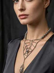 A Gothic dark style imitation pearl spider web pendant necklace, with a deep inlaid imitation diamond spider web pendant and a black pearl embedded in the center. The style is unique and mysterious, suitable for theme parties, dark style outfits, or perso