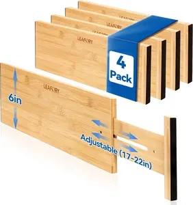 4 Pack Deep Drawer Dividers, 6" High Bamboo Expandable Drawer Organizers, 17-22" Adjustable Tension Separators, Large Drawer Dividers for Kitchen, Bedroom Dresser, Baby Nursery & Bathroom