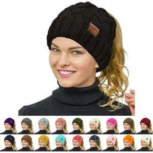 Ponytail Beanie for Women,Winter Warm Beanie Tail Soft Stretch Cable Knit Messy High Bun Hat