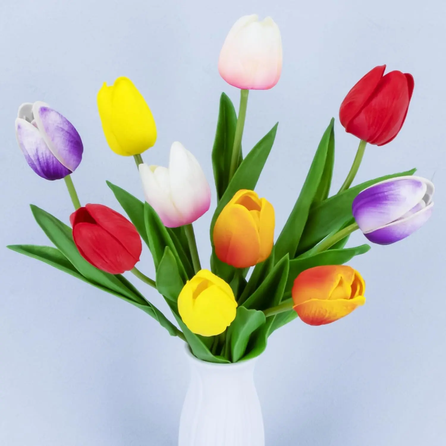 10 Multicolor Tulips Artificial Flowers - Fake Tulips Real Touch Flowers Artificial Tulips that Look Real Realistic Faux Plastic Flowers Bouquet Arrangements for Home Dining Table Decoration