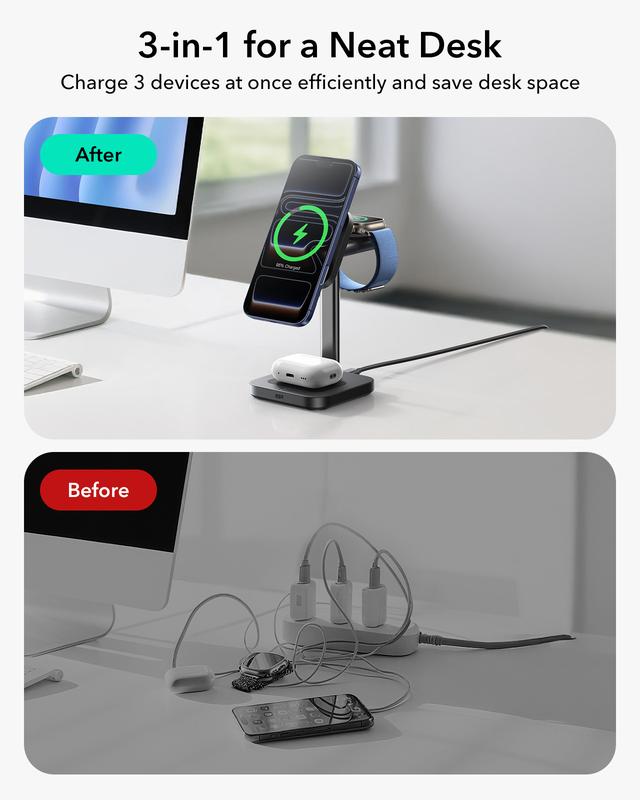 ESR for 3-in-1 Charging Station, Qi2.2 Certified 25W MagSafe Charger Stand with CryoBoost, Phone-Cooling Fast Charging Station, for iPhone 17/16/15/14/13/12, AirPods, Apple Watch