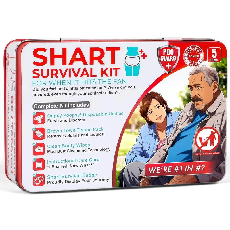 Funny Shart Survival Kit – Compact 5-Item Adult Gifting Prank Gag Gift Set with Wet Wipes, Disposable Underwear, Tissues, Hilarious Badge (Home & Festive Party Supplies), 5 Items