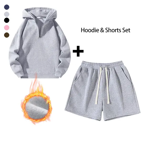 Men’s two-piece hoodie set, sporty casual outfit, half-zip hoodie + drawstring athletic shorts, minimalist street style, back-to-school season wear, for everyday outings, sports, and leisure, suitable for spring, summer, and autumn.