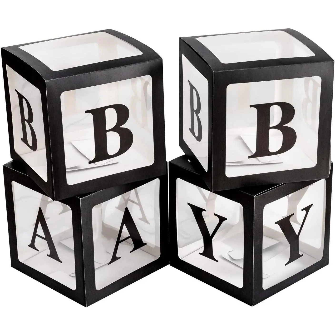4-Piece Transparent Balloon Boxes Set with 16 Letters - Baby Theme Party Decorations, Boys/Girls 1st Birthday Backdrop Blocks (Black), Boxes+Letters, Four Pieces