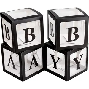 4 count Transparent  Boxes,Clear Balloon Boxes Backdrop with 16 Letters,Transparent  Shower Blocks for Boys and Girls 1st Birthday Party,  Party Decorations (Black)