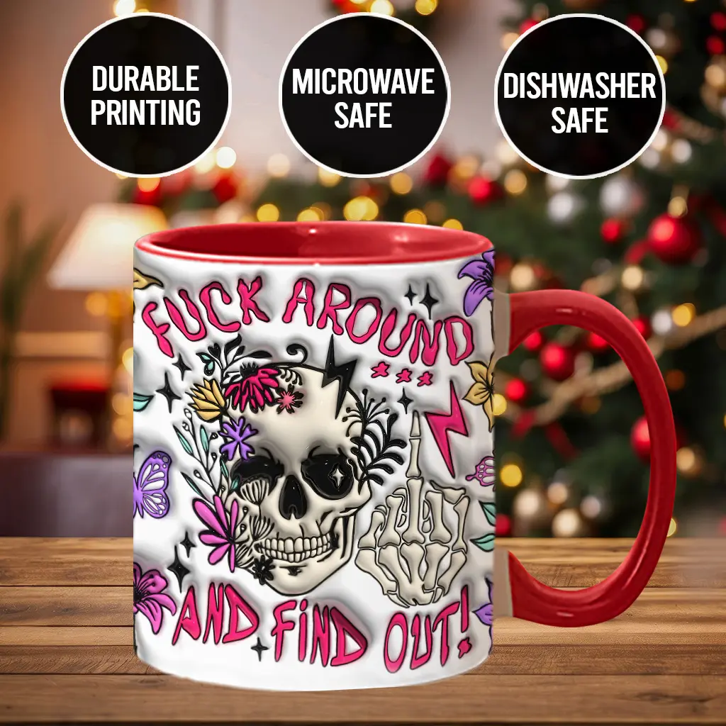 Washable Ceramic Mug, Stylish "Mess Around And Find Out" Printed Skull Accent Coffee Cup, Holiday Season Kitchen Drinkware - skl6380