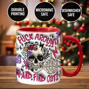 Washable Ceramic Mug, Stylish "Mess Around And Find Out" Printed Skull Accent Coffee Cup, Holiday Season Kitchen Drinkware - skl6380