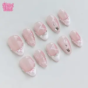 10pcs pure handmade nail art, short almond shaped nails, white pink cute nails, bow pearl design nails, heart diamond sweet nails, elegant and simple four seasons nails, simple nail art, party date nails, sweet nails, detachable and reusable, daily nail a
