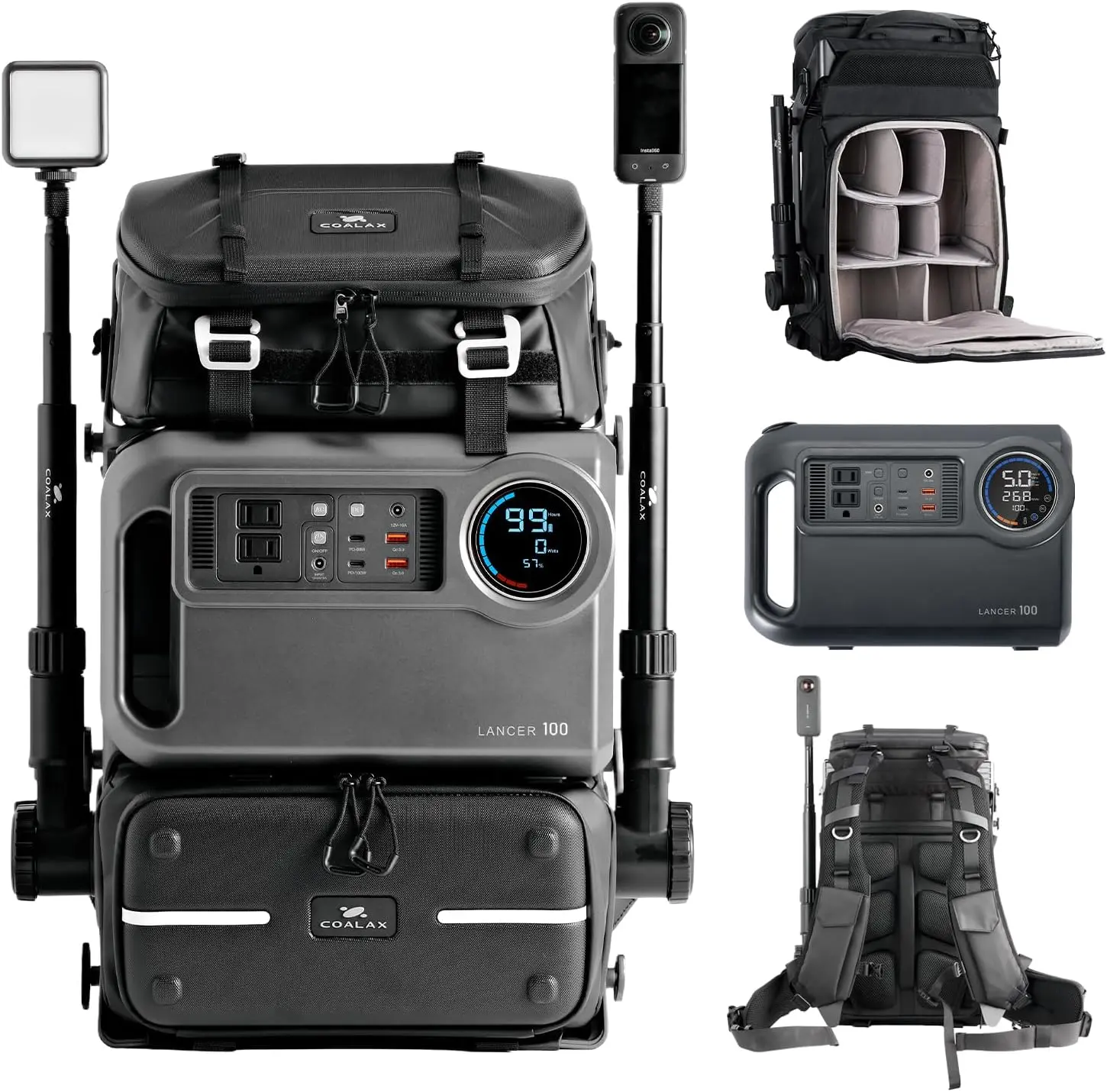 LANCER 100 Modular Hard Shell Travel Camera Backpack - IPX5 Waterproof, Detachable Magic Arm, 96Wh Portable Power Station, 16" Laptop Fit, Equipment Protection, Selfie Stick Compatible, COALAX Smartphone Cable (Black)