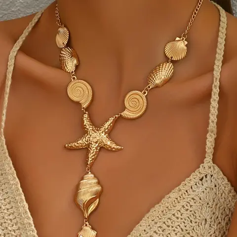 Shell & Starfish & Snail Design Pendant Necklace, Fashion Jewelry for Party, Daily Clothing Decor, Trendy All-match & Exquisite Jewelry for Birthday Gift