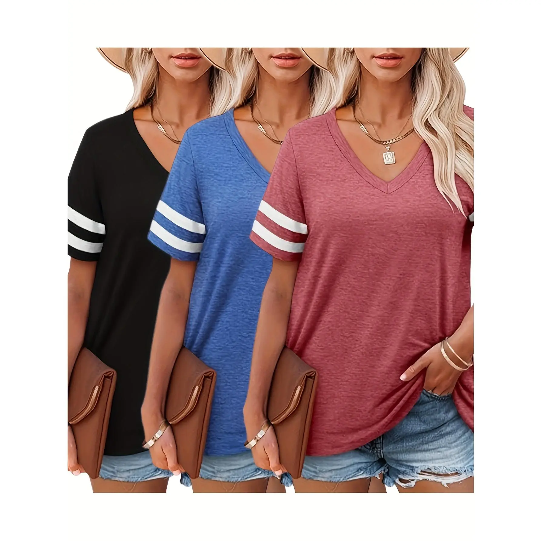 Three-piece Set 2025 Europe And The United States Fashion Casual Women'S Top Stitching Sleeve V-neck Women'S T-shirt
