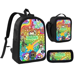 Dandy World Cartoon Backpack 3 Piece Set for Cute Rainbow Bag with Lunch Box and Pencil Case Bookbag Set for Boys Girls