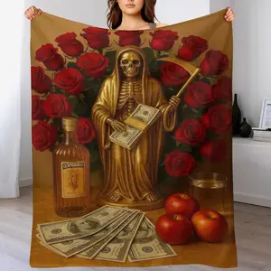 Golden Grim Reaper with Red Roses Flannel Blanket, Day of the Dead Art Print Pattern,Soft Cozy Lightweight Warm,Suitablefor Halloween Decor,Home Decor,Living Room,Bedroom,Sofa,Travel,Perfect Gift for Birthday,Anniversary,or Thanksgiving Day.