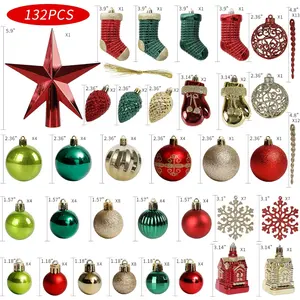 Christmas Tree Ornament, 132Pcs Christmas Tree Decoration Set Red Green Gold Christmas Ball Shatterproof Hanging Tree Ornament Assortment Set ROSELEAF Star