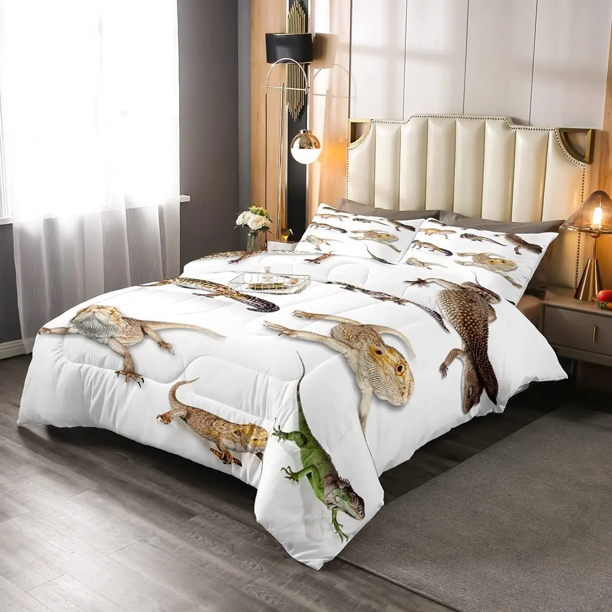 Feelyou Reptile Quilt Sets - 3D Leopard Gecko Print, Wildlife Theme, Beige White Green Primitive Lizard Decor, Bedding Duvet Cover Sets for Bedroom
