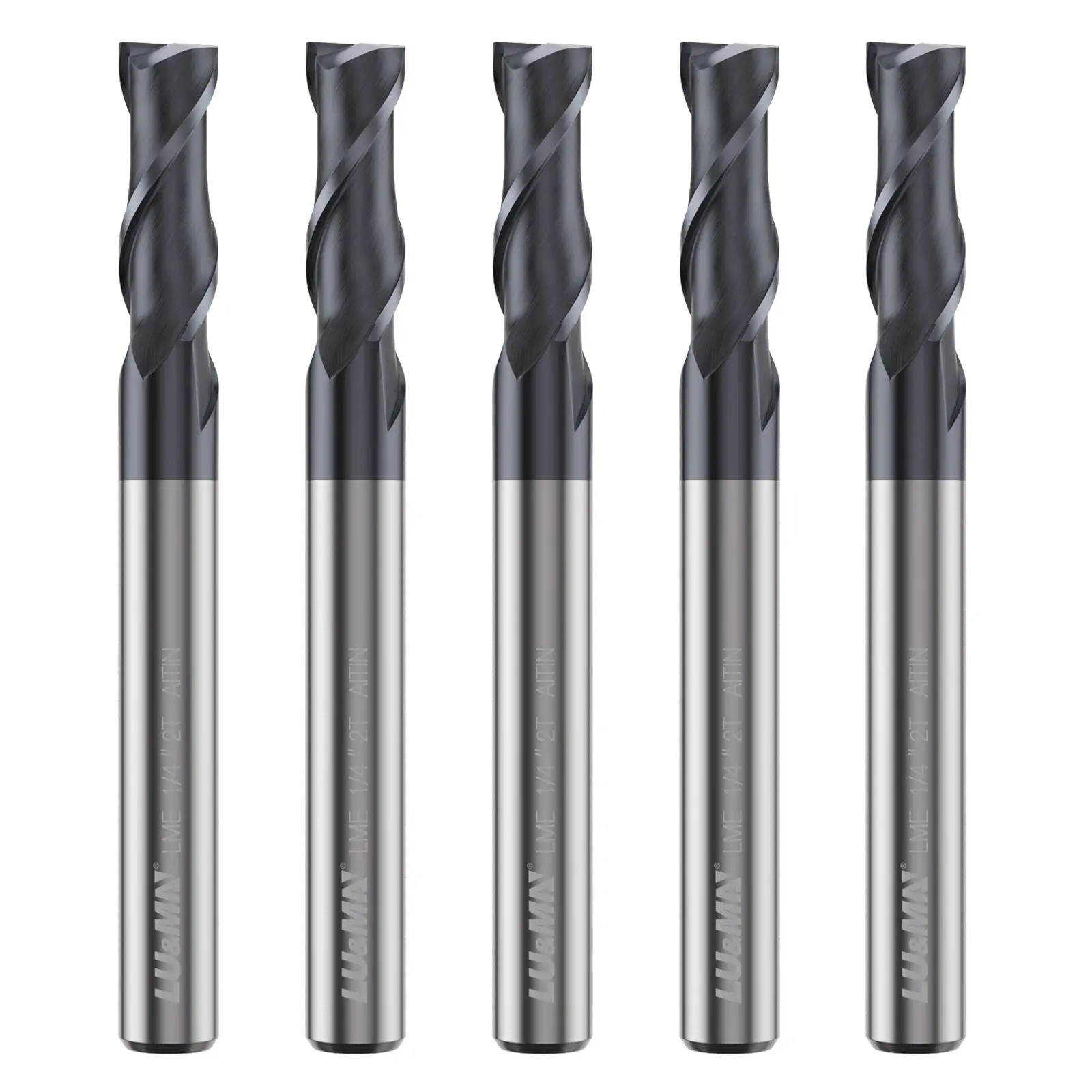 LU&MN Carbide Square End Mill, 2 Flute, 1/4", 5 Piece