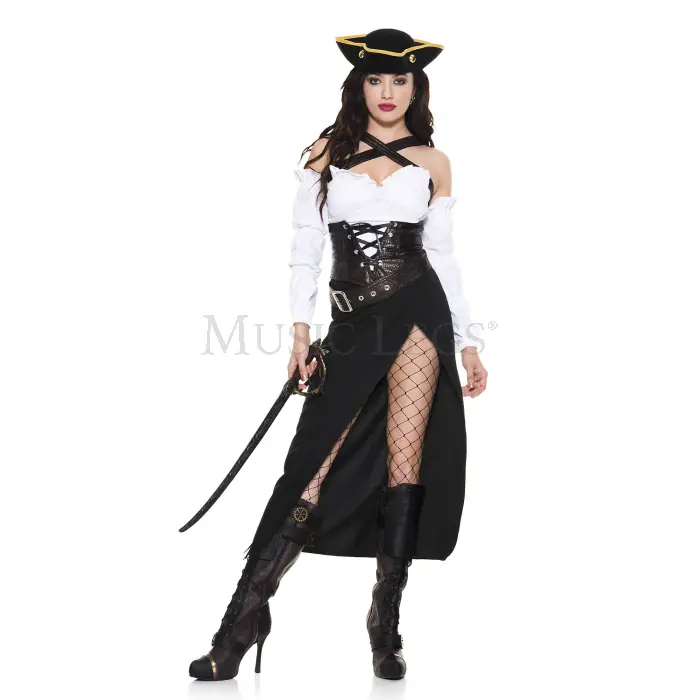212 MAIN Women's Extra Large Polyester Puffed Dress Halloween Costume - 5-Piece Adventurous Captain Outfit with Lace, High Slit, Hat, Belt, Cinch Waist & Matching Accessories for Pet Owners' Party (Women's Apparel), Accessory Kit