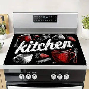 1pc,2D Flat,Heat-Resistant Stove Cover Mat with Kitchen Utensil Design - Scratch-Resistant Anti-Slip Stove Protector for Electric/Induction/Glass Ceramic Cooktops, Washing Machine, Dryer, Coffee Machine & Dish Drying - Black with White Kitchen Graphics