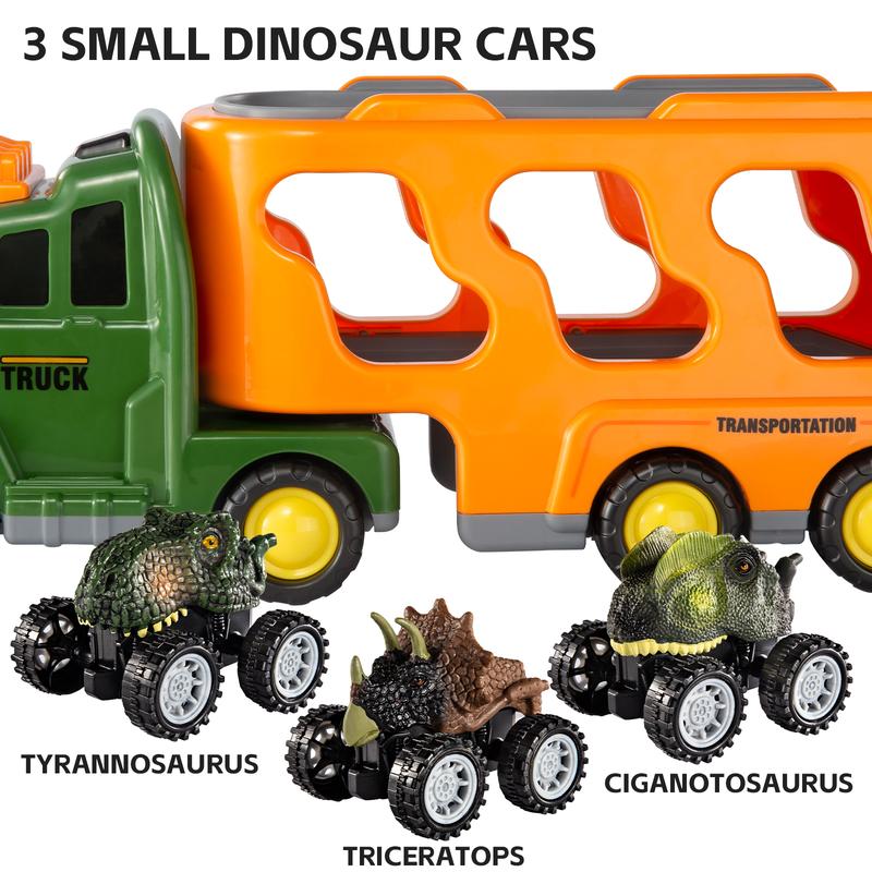 7 in 1 Dinosaur Transport Truck Toy Gifts with Mini Dinosaur lover Figures and Race Cars with Lights and Sounds Educational Play Set for Kids Birthday Christmas