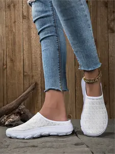 Women's Platform Mule Sneakers Backless Slip On Walking Shoes Breathable Fly Woven Fabric Non Slip Outdoor Casual Shoes