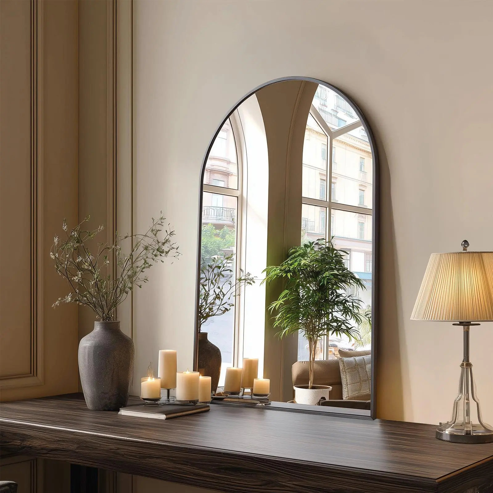 JHK Elegant Arched Bathroom Mirror, 22x 30/ 24x36/ 26x38 In Wall-mounted Vanity Makeup Mirror with Metal Frame, for Bedroom, Entryway, Living Room, Gold/Black