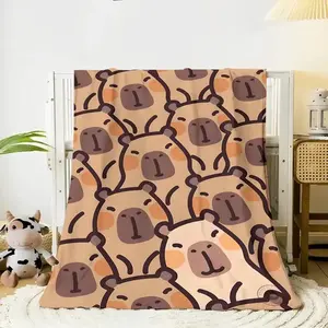 A cartoon capybara pattern flannel blanket, Animal Blankets, Lightweight Blanket, Soft Warming Blanket, suitable for home, bedroom, travel, high-end gifts, Ultra-light, soft, warm suede, 100% polyester material, no pilling and no fading