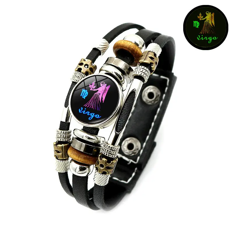 Glow Zodiac Bracelet for Men & Women, Adjustable Leather Astrology Bracelet, 12 Horoscope Signs Gift