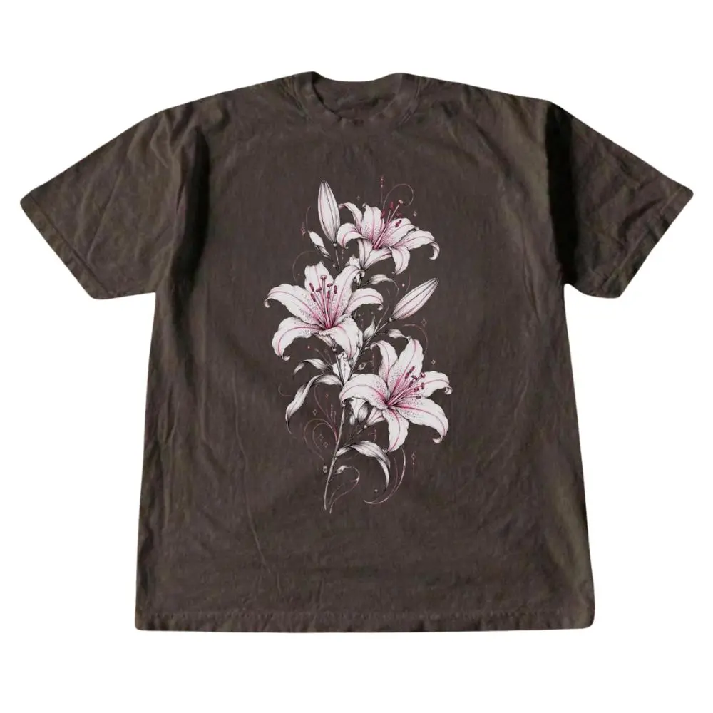The Pink Lily Flower Graphic T-Shirt, Botanical Floral Tee, Vintage Garden Aesthetic Shirt, Crew Neck, Trending Shirt