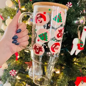 Holiday Cookies Glass Cup with Lid and Straw - Gingerbread Cookies Aesthetic Drinkware with Bamboo Lid, Christmas Design Iced Coffee Mug