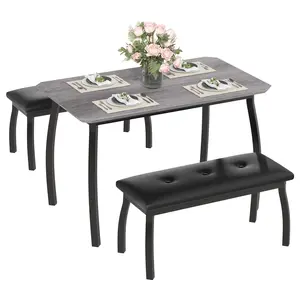 Kitchen Table Set with 2 Upholstered Benches for 4, Dining Room Rectangular Table Set with Metal Frame for Small Space, Apartment