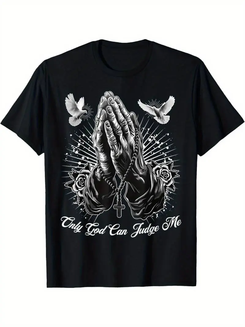 Men's Round Neck Casual Short-Sleeve Streetwear T-Shirt - OOTD Menswear Top with Sarcastic "Only God Can Judge Me" Print, Prayer Hands, Chicano Tattoo, Doves Designs, Humor Appeal for All Genders and Ages