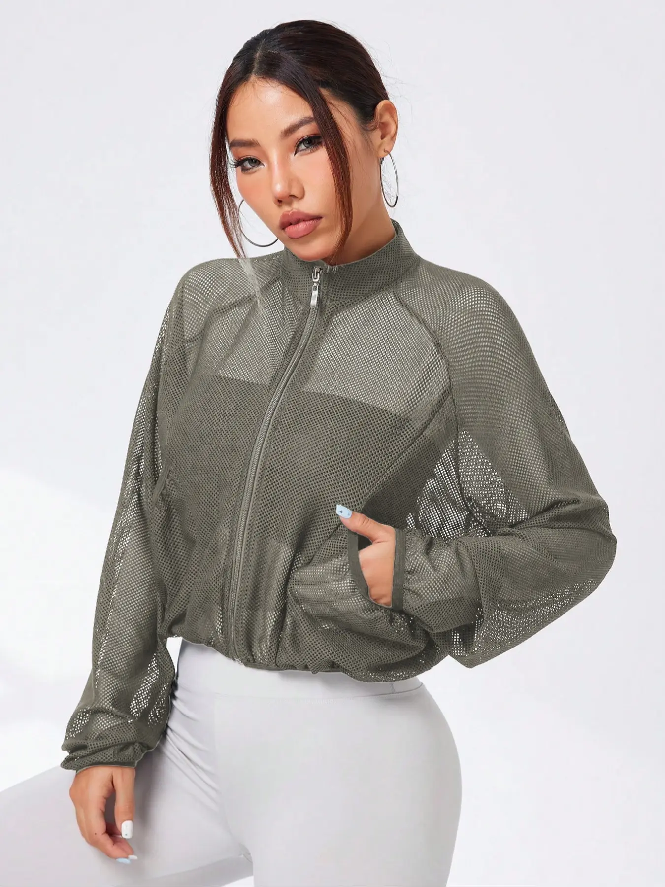Women's High Neck Quick-Dry Mesh Sports Yoga Jacket, Transparent Sexy Athletic Outerwear with Pockets, Casual Sporty Long Sleeve Loose Fit, Yoga Jacket Top Activewear, Workout Clothes, Workout Yoga Jacket