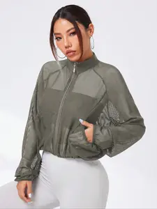 Women's High Neck Quick-Dry Mesh Sports Yoga Jacket, Transparent Sexy Outerwear with Pockets, Casual Sporty Long Sleeve Loose Fit