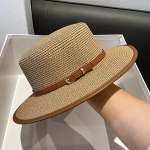 Women's British-Inspired Outdoor Straw Sun Hat - Natural Straw, Wide Brim, UV Protection, Decorative Brown Belt for Summer Beach Outings, Outdoor Sun Hat