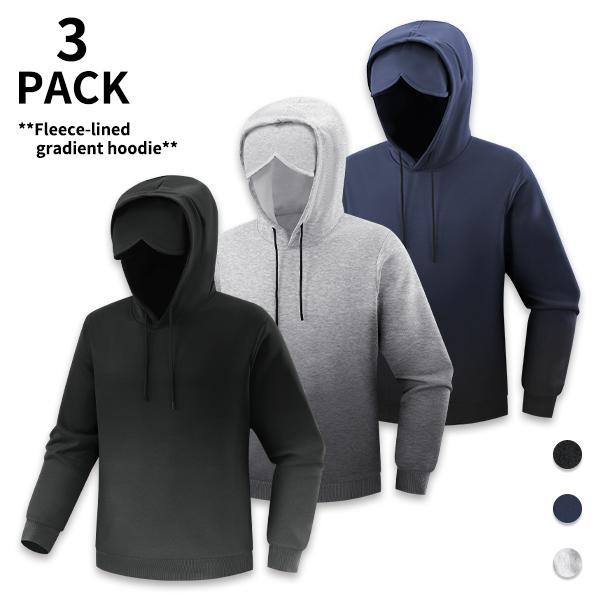 Men’s three-piece warm hooded sweatshirt set featuring a fleece lining and long sleeves; casual pullover sports top with built-in eye mask, ideal for travel, commuting, and quick rest on the go.