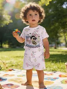 Pink Series "Bee Fabulous" Bee T-shirt Digital Printing Infant Short-sleeve Set, baby casual children's clothing, suitable for daily and outdoor sports. The T-shirt is 100% polyester, a perfect gift for infants and toddlers!