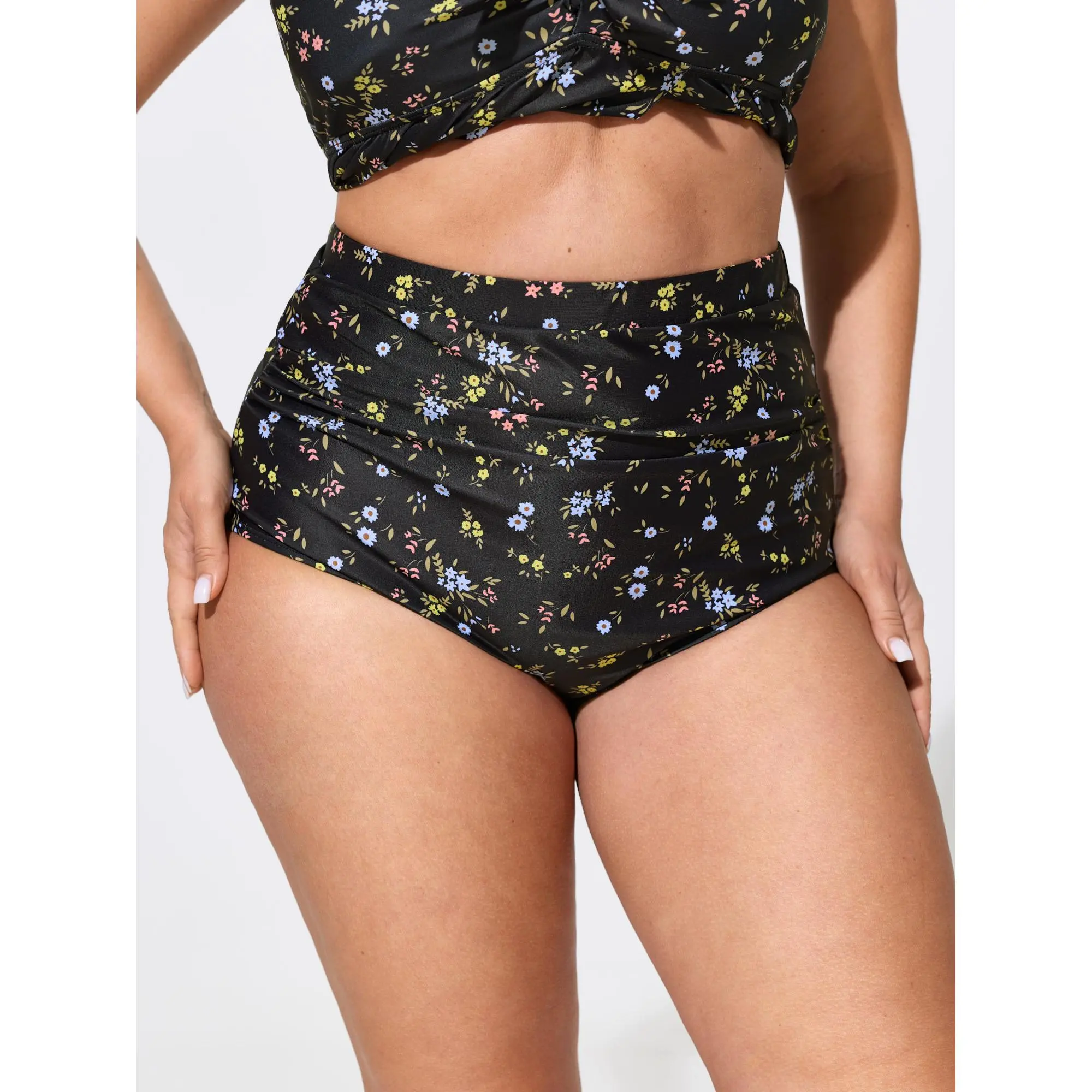 BloomChic Tankini Bottoms for Women's Plus Size, High-Waisted Tummy Control Swimwear in Black Floral Design, Stretch Elastane Fabric, 22-24/3X, 26/4X, Cold Wash, Machine Washable, Bikinis Bottoms, Floral Print Beachwear, Plus Size Swimsuits, Swimsuits Tum
