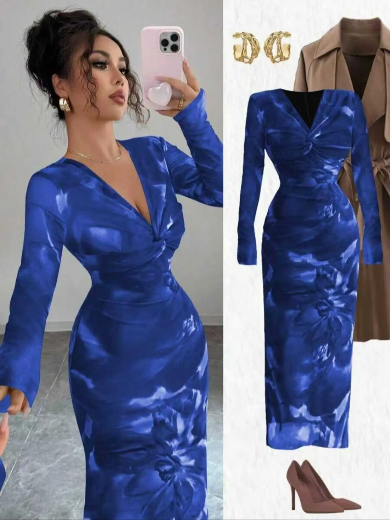 Women's Fashion Sexy V Neck Tight Fit Midi Dress, Elastic Mesh Floral  Pattern, Unique Details, Slit Design, Suitable for Daily Wear, Dates, Work,  Parties - TikTok Shop