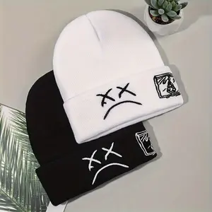 Sad Face Embroidered Beanie  – Stylish Unisex Hip Hop Knit Cap, Warm Black & White Cuffed Skull  for Winter, Trendy Streetwear Headwear for Men and Women, Daily Wear, Outdoor Activities, and Casual Outfits new adjustable hat Heart design wool western