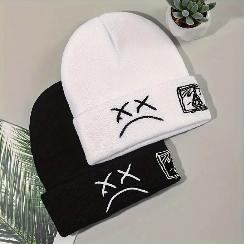 Unisex Warm Wool Streetwear Cuffed Beanie, Sad Face & Heart Embroidery, Adjustable Expandable Winter Hat, Beanies, Sad Face Embroidery, Adjustable Headband, Embroidered Beanies, One Size