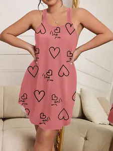 Plus Size Women's Casual Home Sleepwear, Valentine's Day Exclusive Heart Print, Comfortable Loose Fit Sleeveless Nightgown, Summer Romantic Set, Loungewear, Nightdress