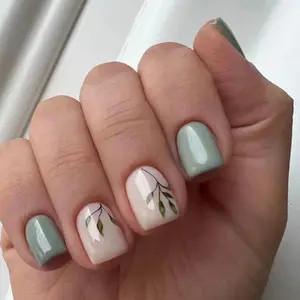 Nature Green Leaf Press On Nails | CurvLife Nail | 24pcs Short Oval Fake Nails | Soft-Toned Glossy Finish with Delicate Leaf Detailing | Easy to Apply, Comfortable Fit & Long-Lasting Hold | Ideal for Daily Wear, Business Meetings & Graceful Social Events