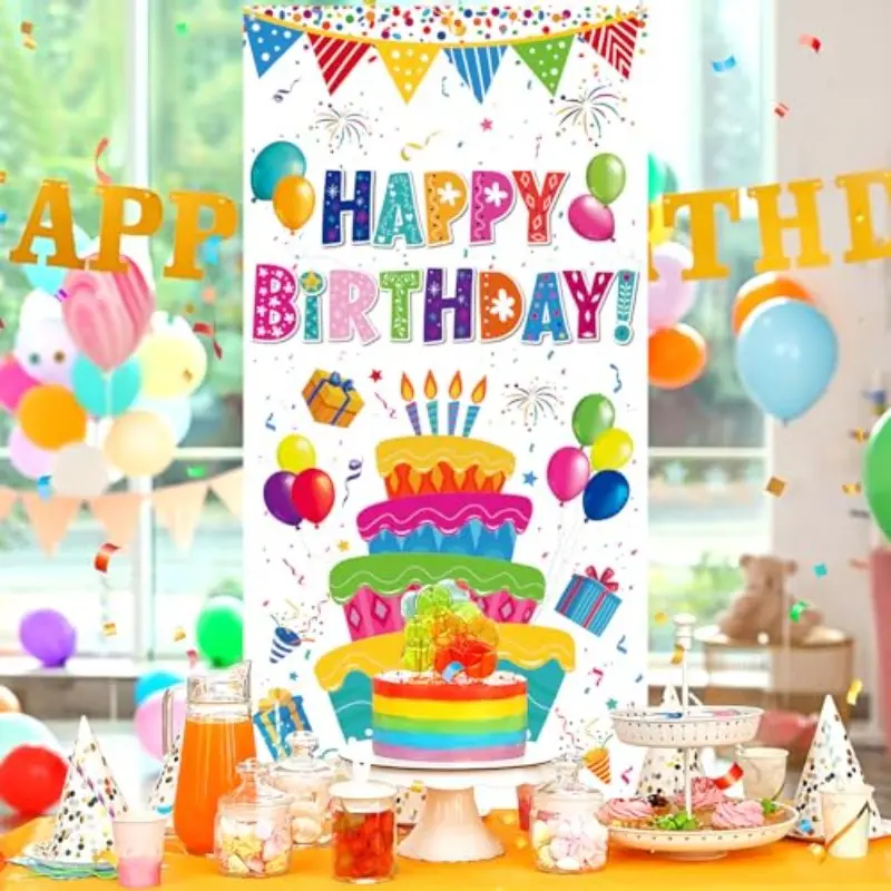 2D Flat Door Banner 1pc, Colorful Rainbow Happy Birthday Sign, Polyester, Weather Resistant, Indoor/outdoor, Party Supplies