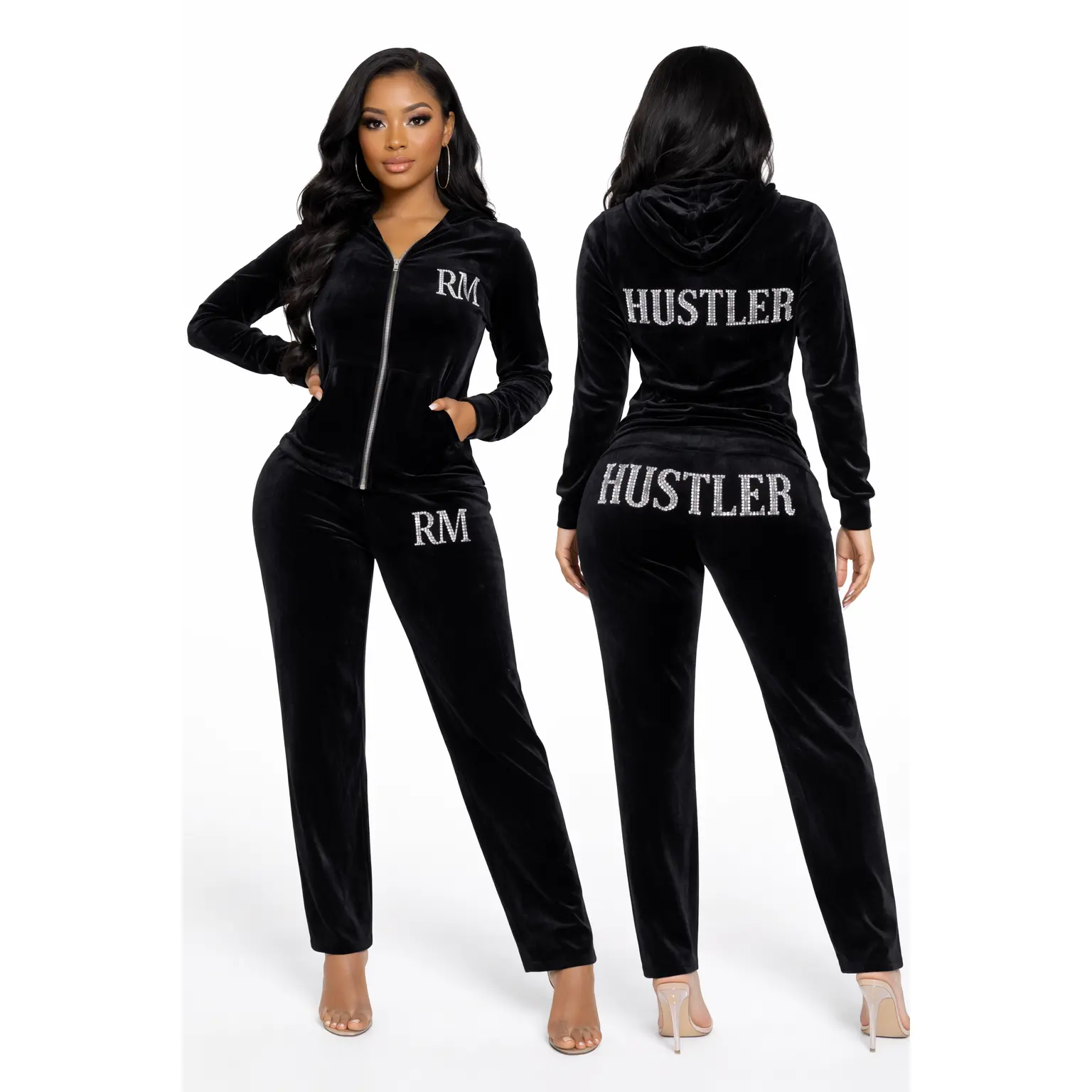Women's Black Velour Premium Quality 2-Piece Tracksuit, Customized Long Sleeve, Rhinestone PM Logo, Pennies to Millions Logo for Sports & Outdoor Activities