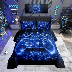Kids Boys Gamer Bedding Set Video Game Gamepad Comforter for Boys Teens Blue Black Game Gaming Comforter Set Soft Microfiber
