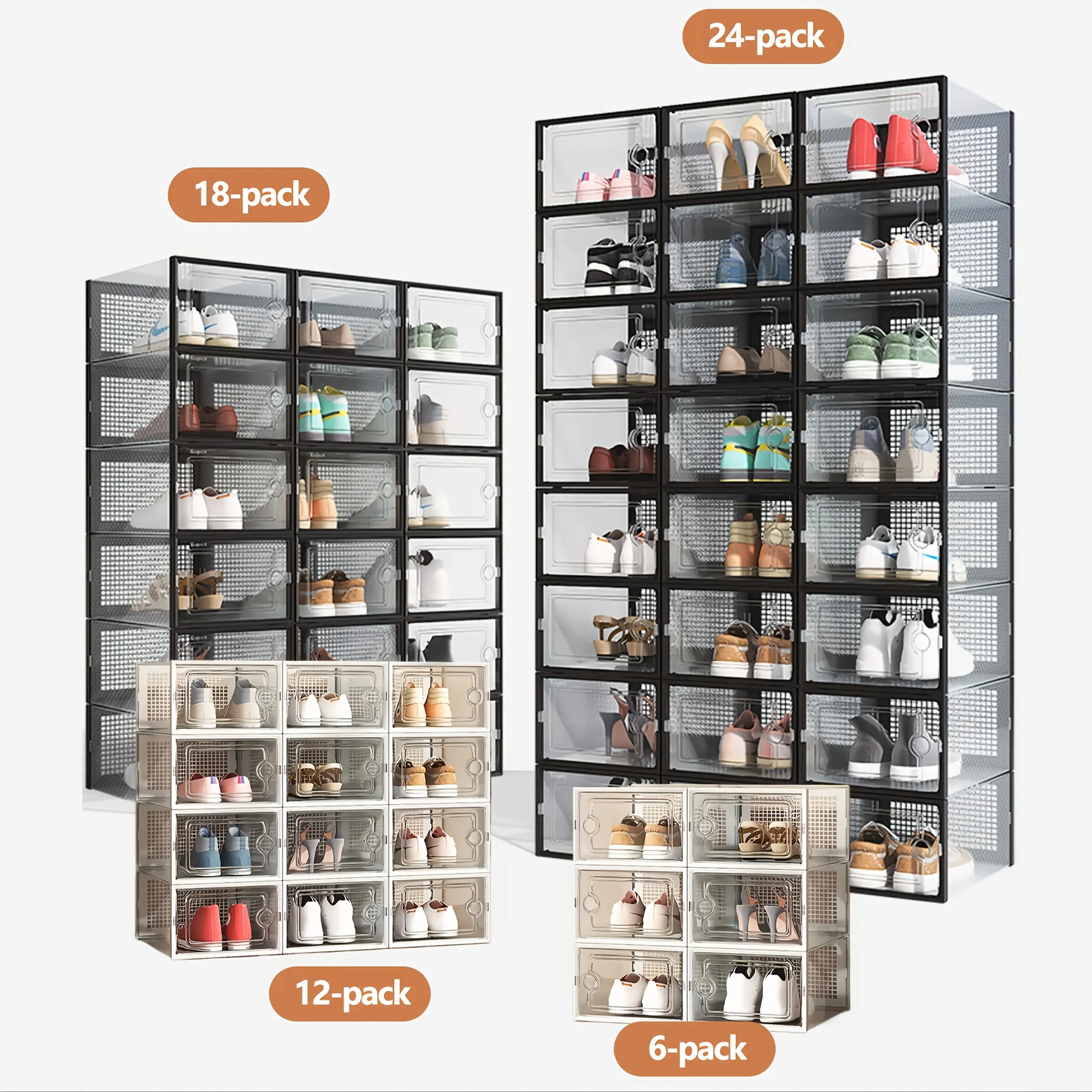 Big Size Stackable Shoe Storage Boxes - Heavy-Duty Tough Plastic, Large Capacity, Ventilated, Dust-Proof Sneaker Organizers for Dads, Closets - 6/12/18/24 Pack Home Organization Containers, Dad