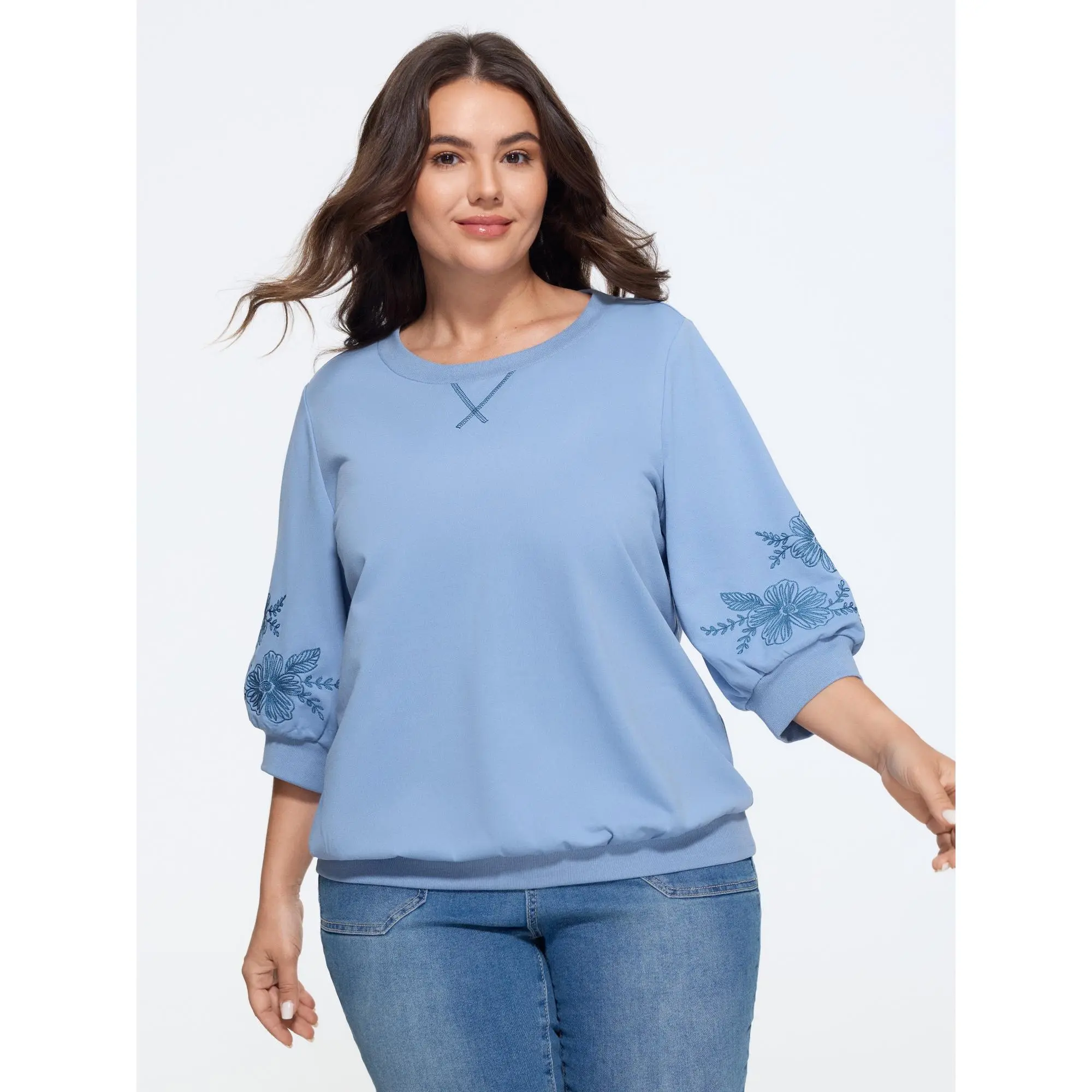 BLOOMCHIC Women's Plus Size Floral Embroidered Sleeve Crew Neck Sweatshirt - Polyester-Spandex Garment, Casual Fabric, Size M-6X, Summer Finds