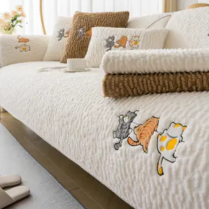 1Pc Cartoon Embroidered Plush Sofa Cover, Pet-Friendly Couch Cover, Thick Anti-Slip Sofa Protector, Soft and Washable Furniture Cover, Couch Slipcover, Universal Sofa Protector for Living Room Decor, Sofa Couch Covers